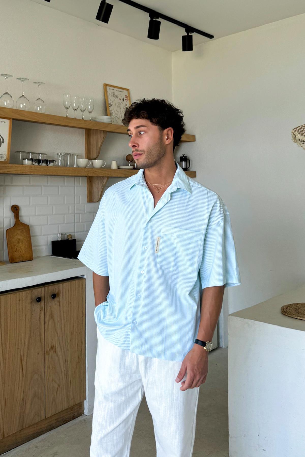 Çizgili Oversize Kısa Kol Gömlek Yeşil