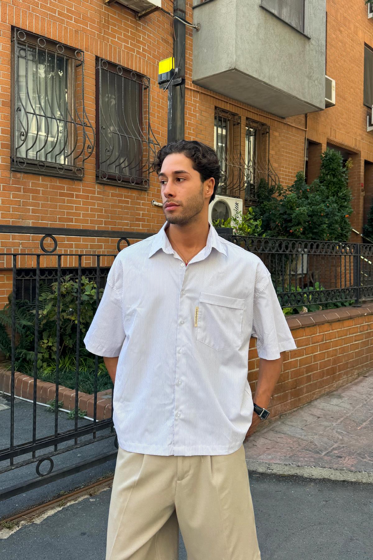 Çizgili Oversize Kısa Kol Gömlek Bej