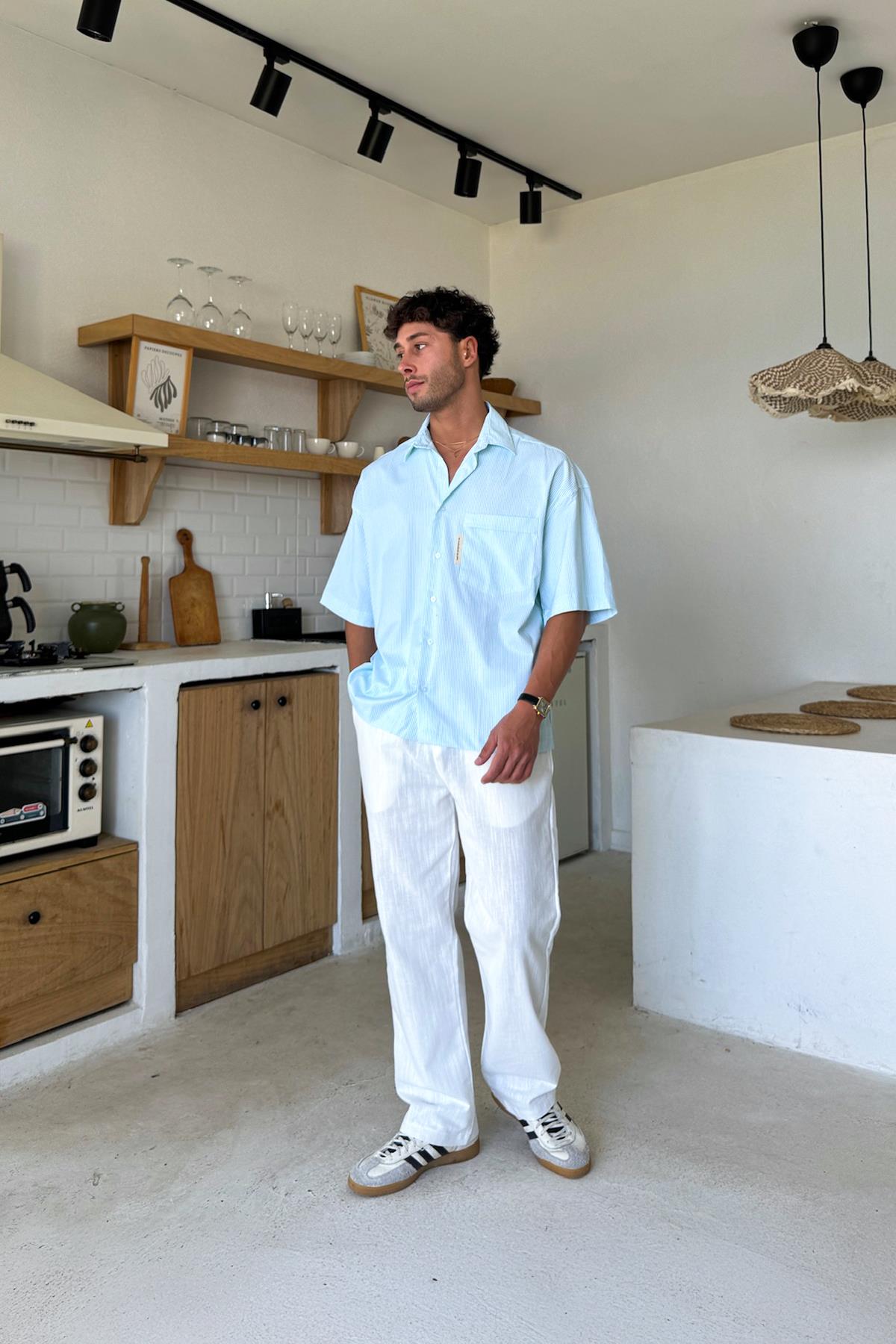 Çizgili Oversize Kısa Kol Gömlek Yeşil