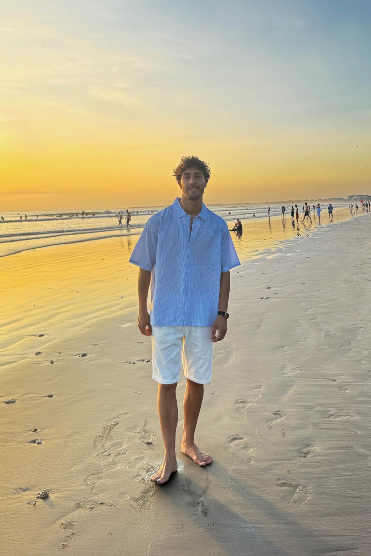 Çizgili Oversize Kısa Kol gömlek Mavi