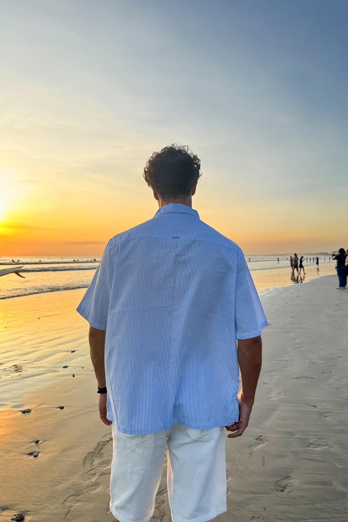 Çizgili Oversize Kısa Kol gömlek Mavi