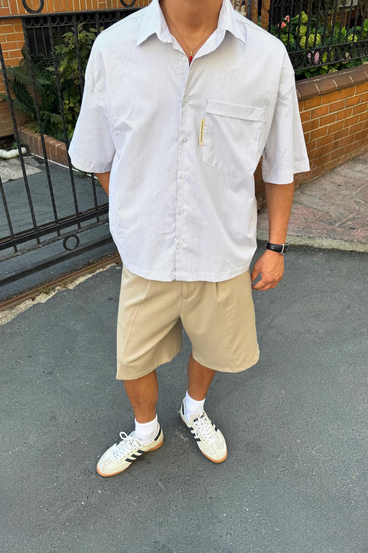 Çizgili Oversize Kısa Kol Gömlek Bej
