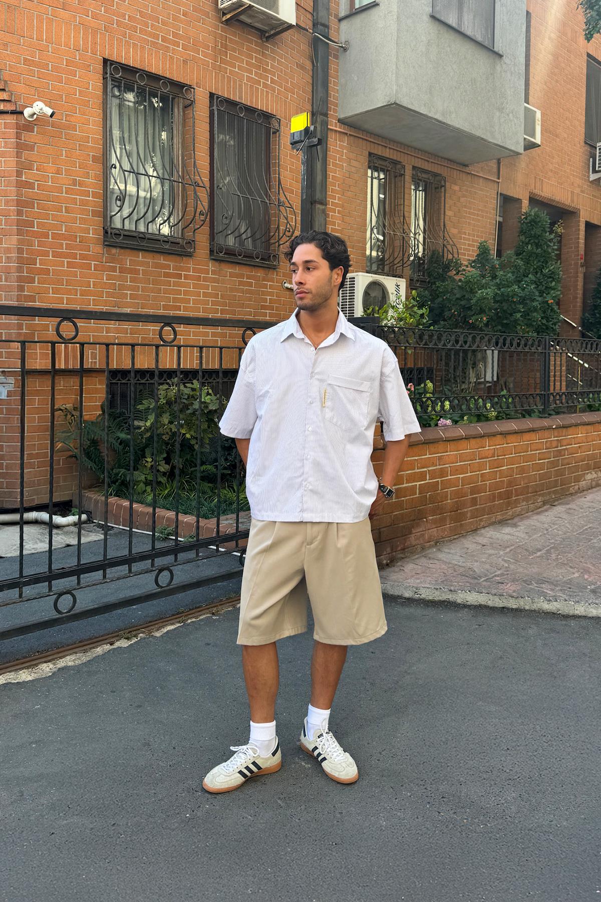 Çizgili Oversize Kısa Kol Gömlek Bej