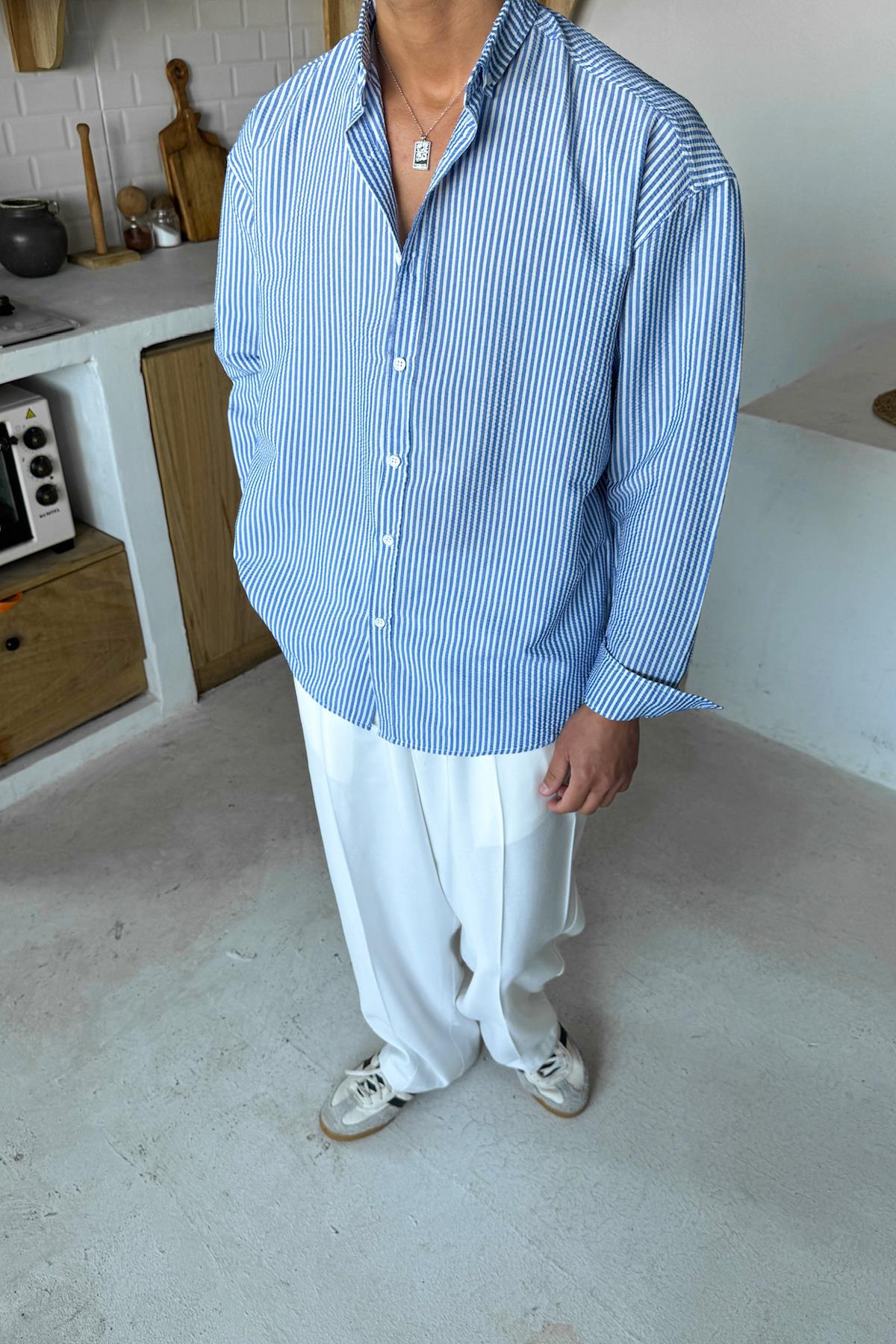 Mavi Çizgili Oversize Uzun Kol Gömlek