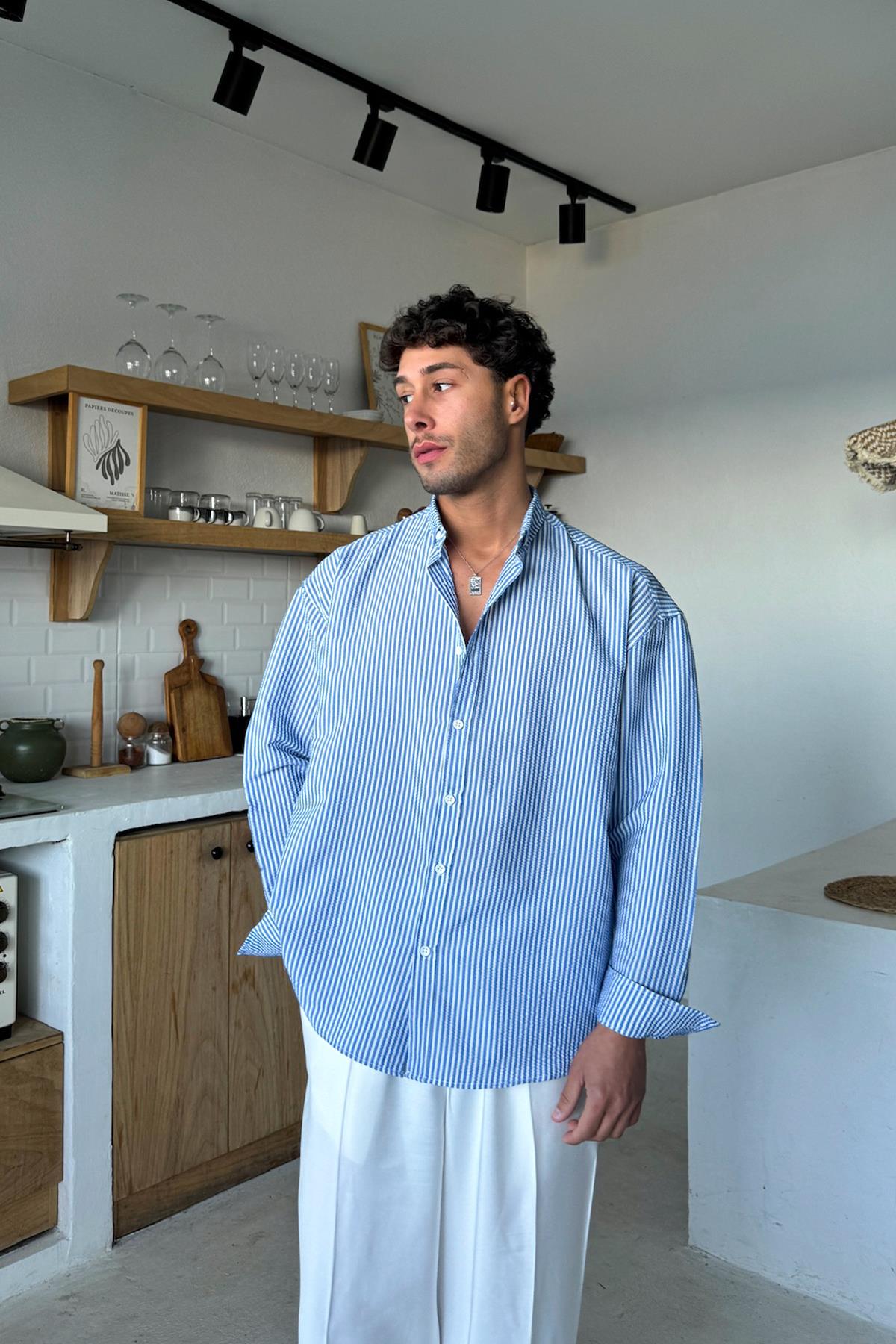 Mavi Çizgili Oversize Uzun Kol Gömlek