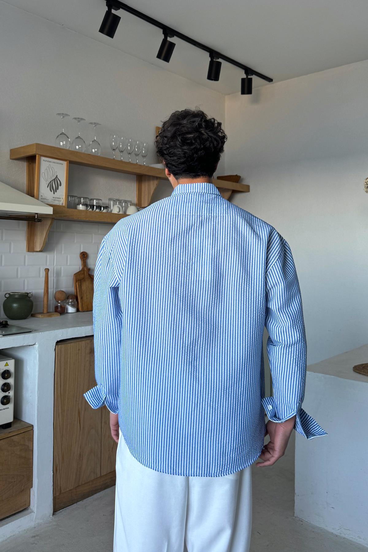 Mavi Çizgili Oversize Uzun Kol Gömlek