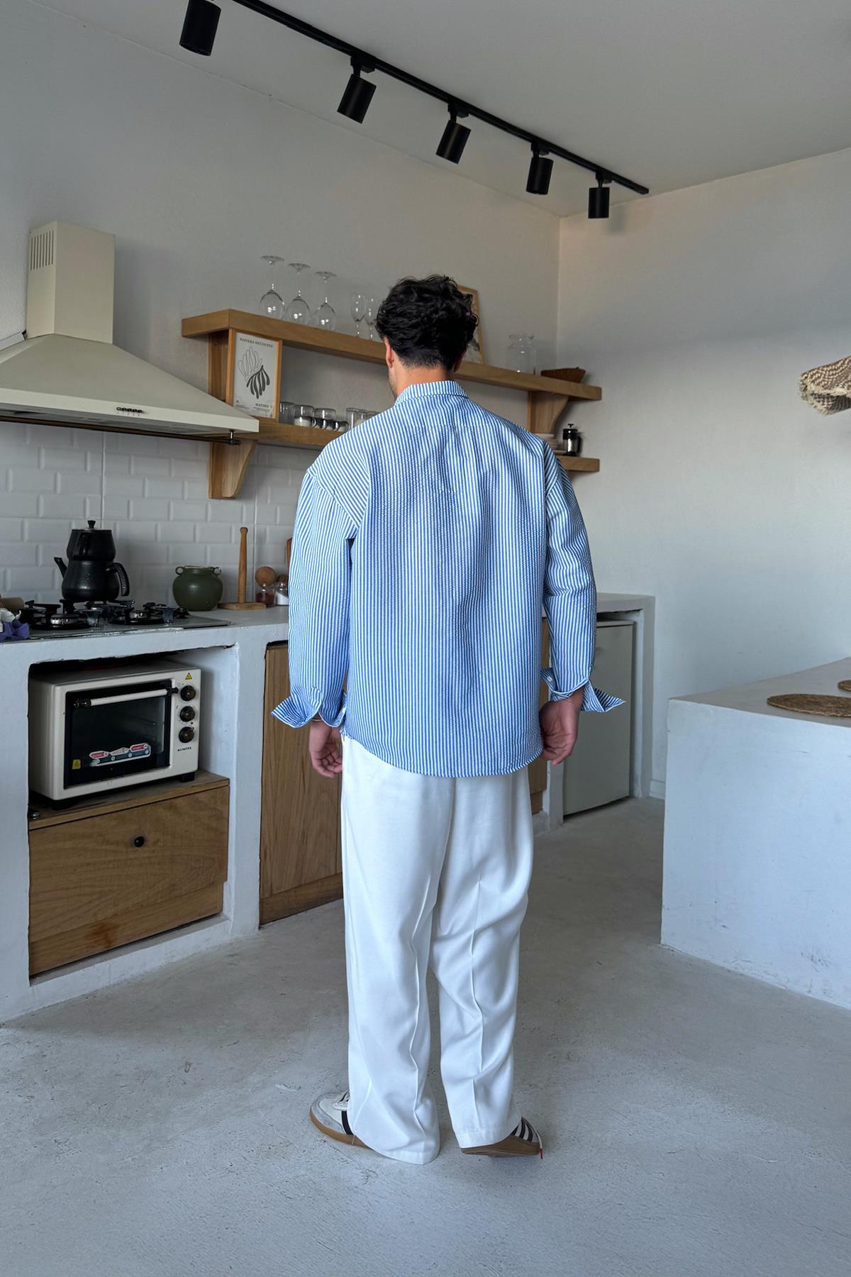 Mavi Çizgili Oversize Uzun Kol Gömlek