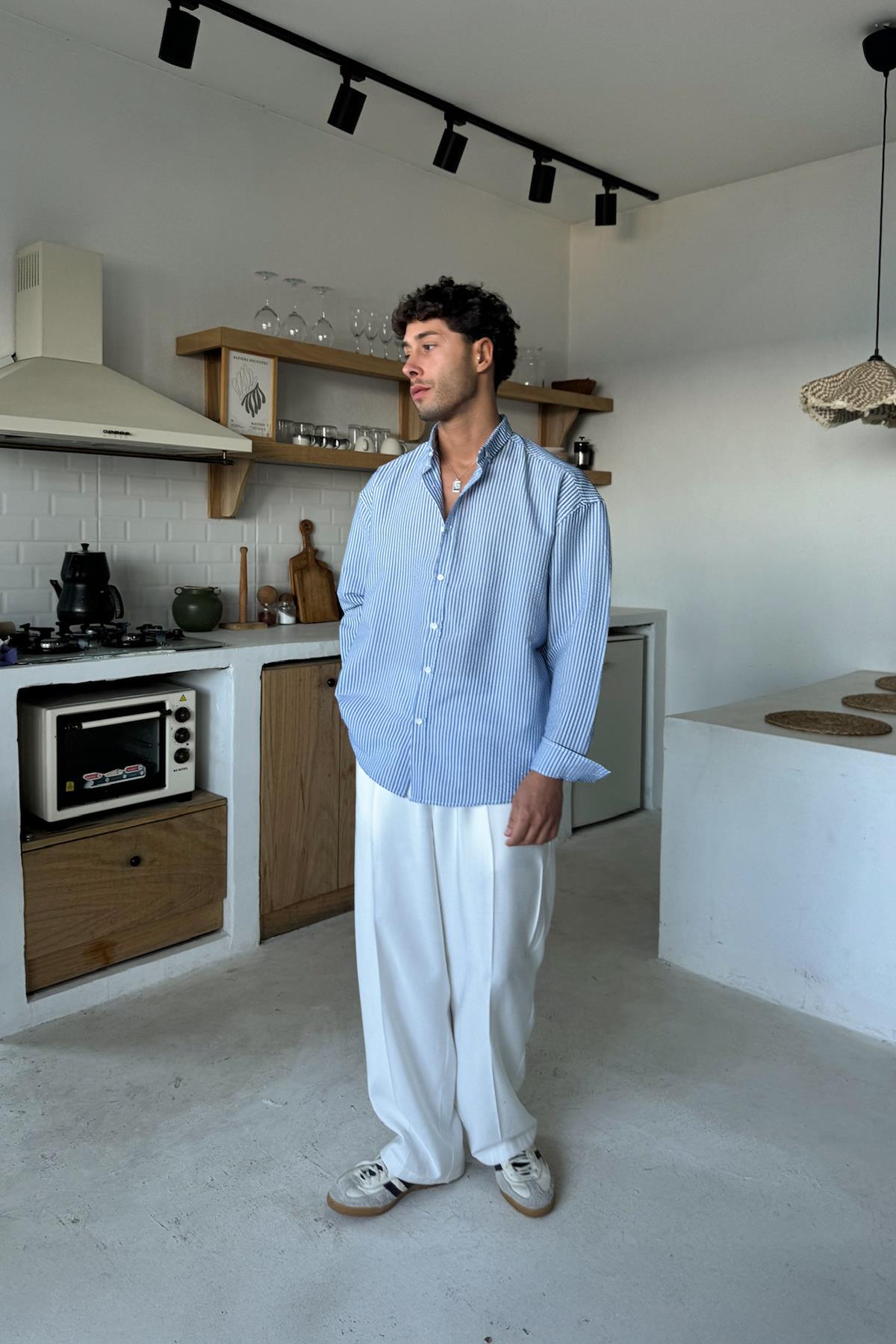 Mavi Çizgili Oversize Uzun Kol Gömlek