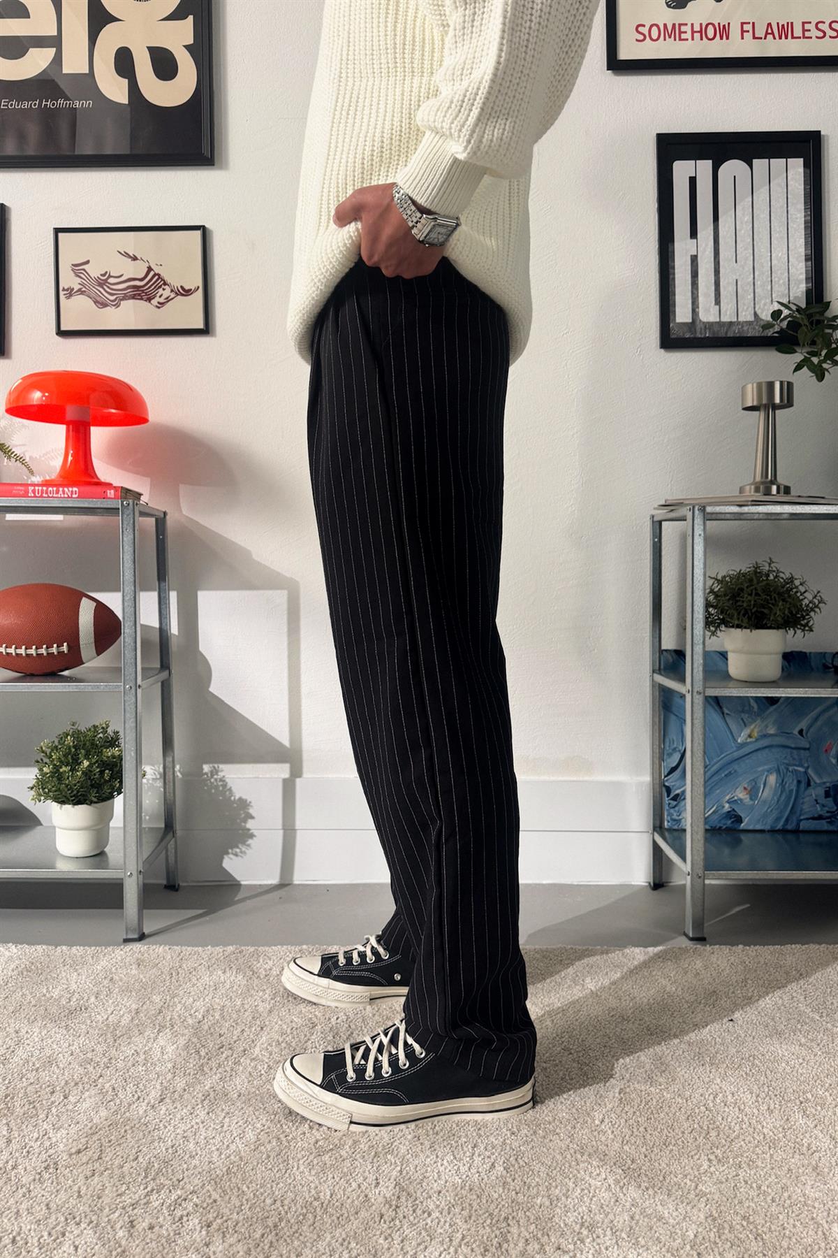 Çizgili Pileli Kumaş Pantolon