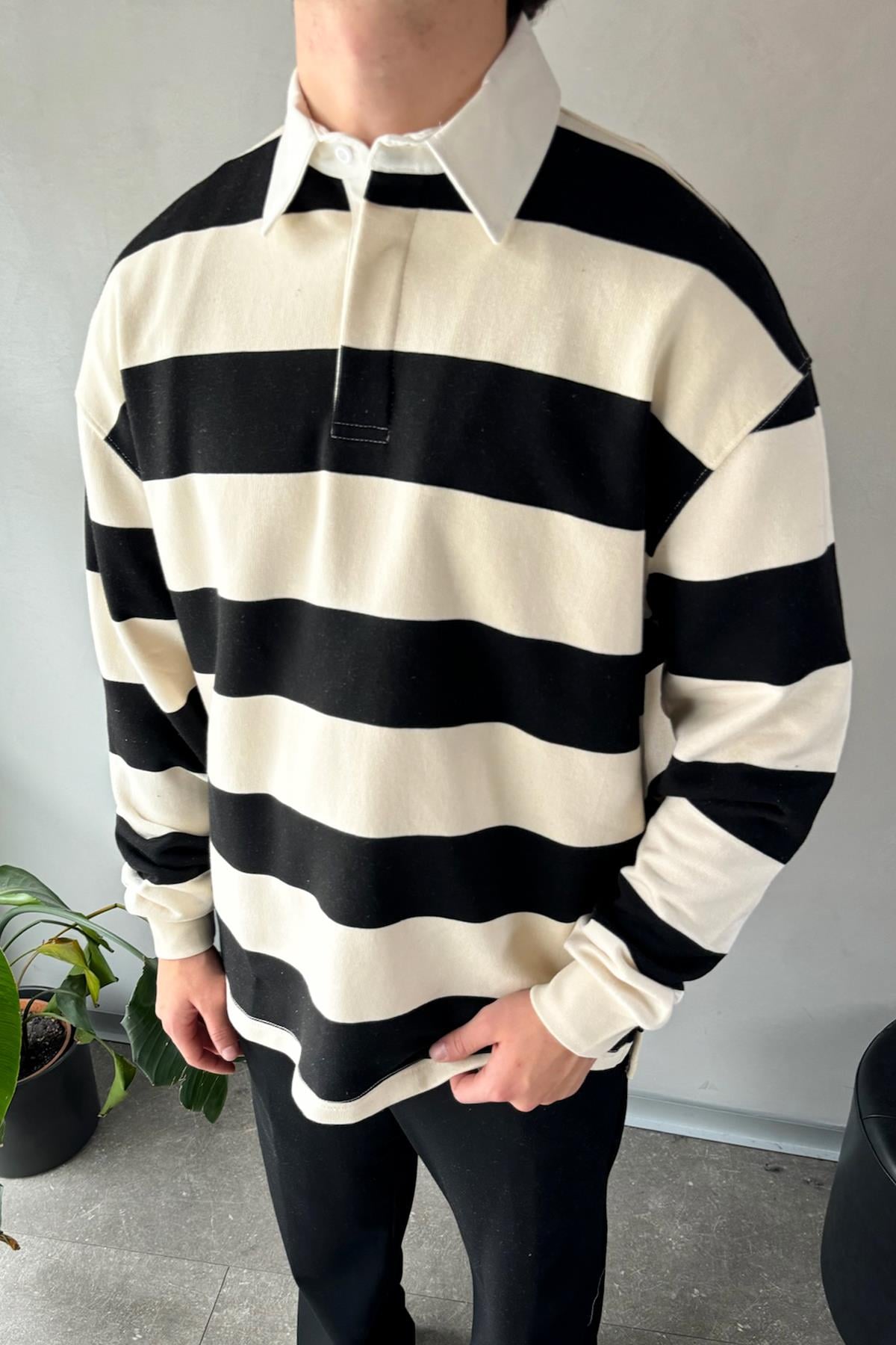 Flaw Atelier Çizgili Polo Yaka Siyah Uzun Kollu Sweatshirt