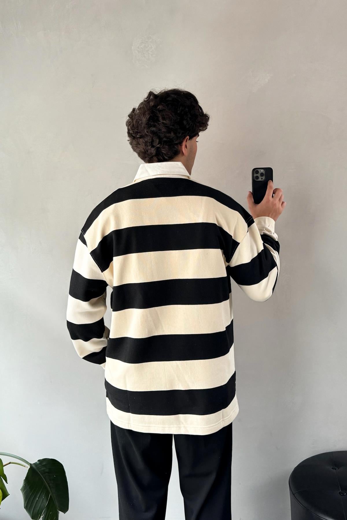 Flaw Atelier Çizgili Polo Yaka Siyah Uzun Kollu Sweatshirt