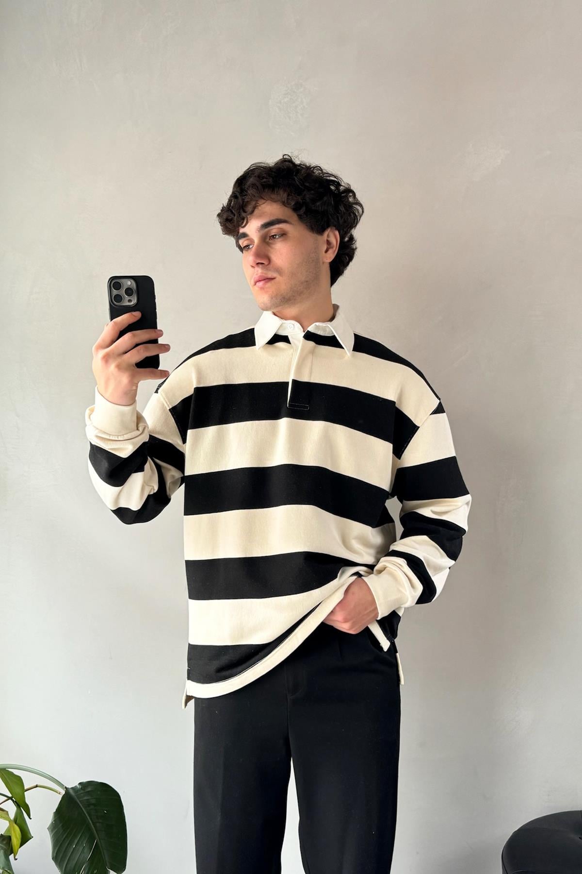 Flaw Atelier Çizgili Polo Yaka Siyah Uzun Kollu Sweatshirt