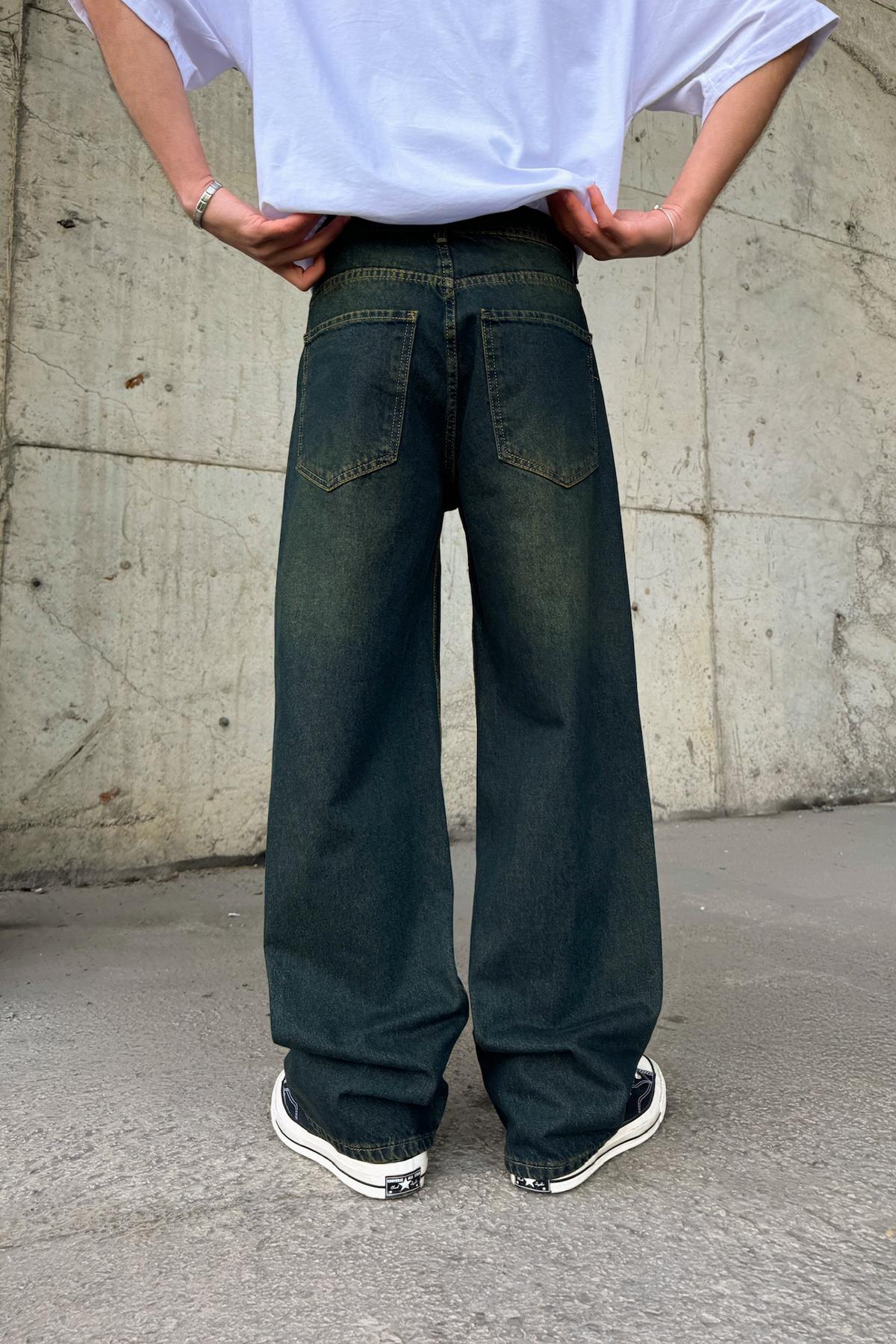 Çizgili Super Baggy Jean Yeşil