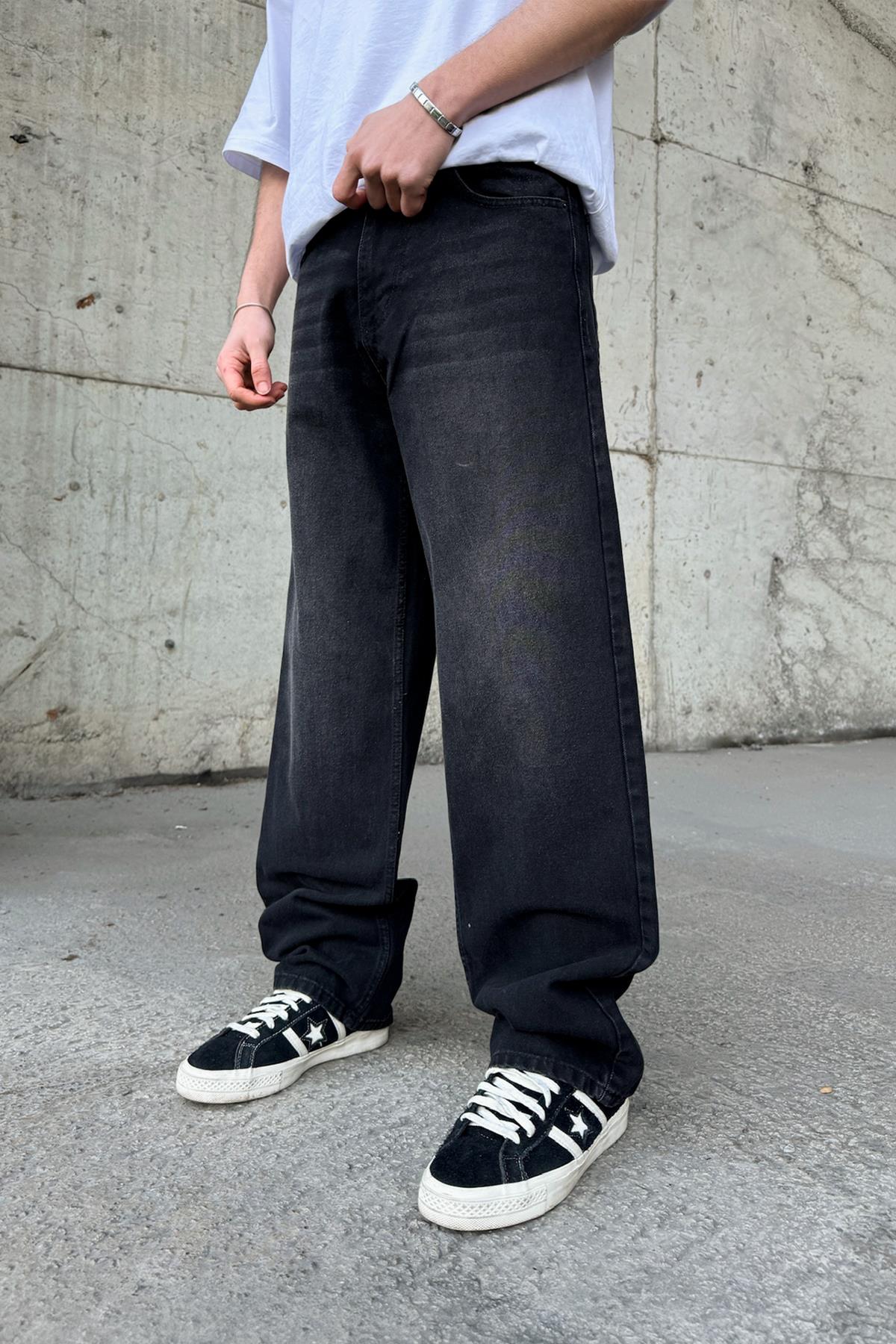 Çizgili Super Baggy Jean Siyah