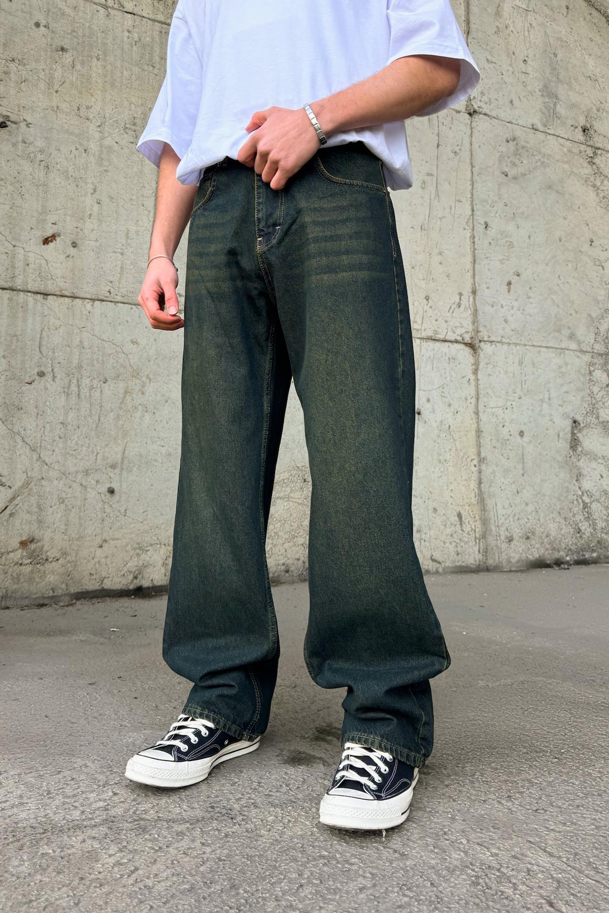 Çizgili Super Baggy Jean Yeşil