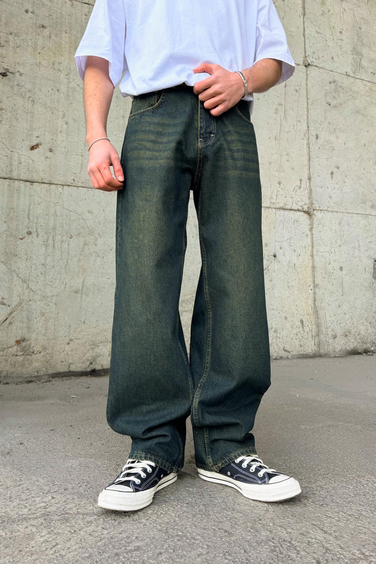 Çizgili Super Baggy Jean Yeşil