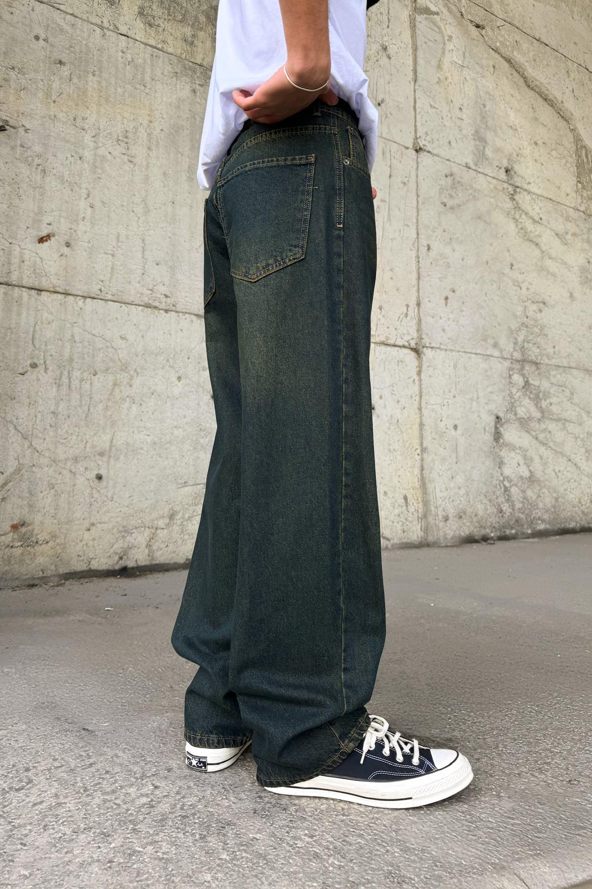 Çizgili Super Baggy Jean Yeşil