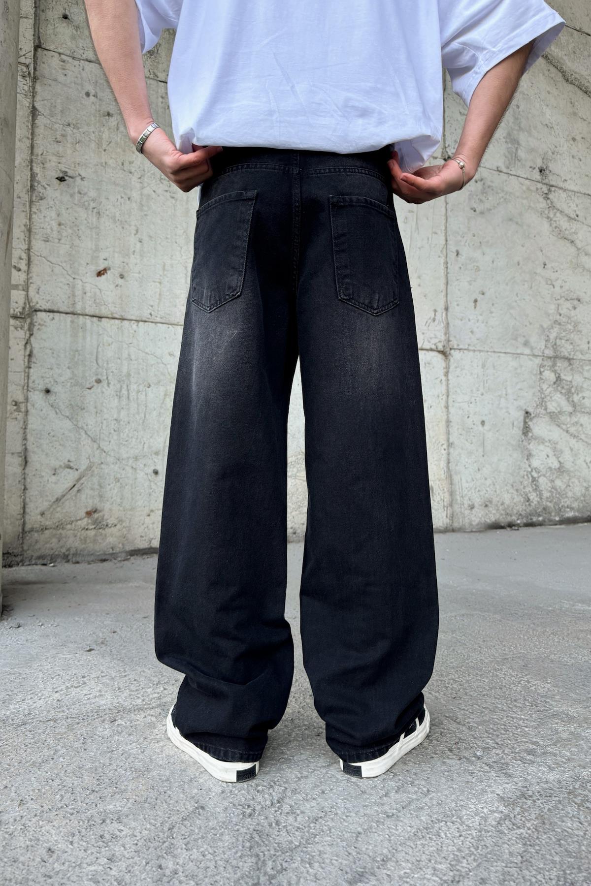 Çizgili Super Baggy Jean Siyah