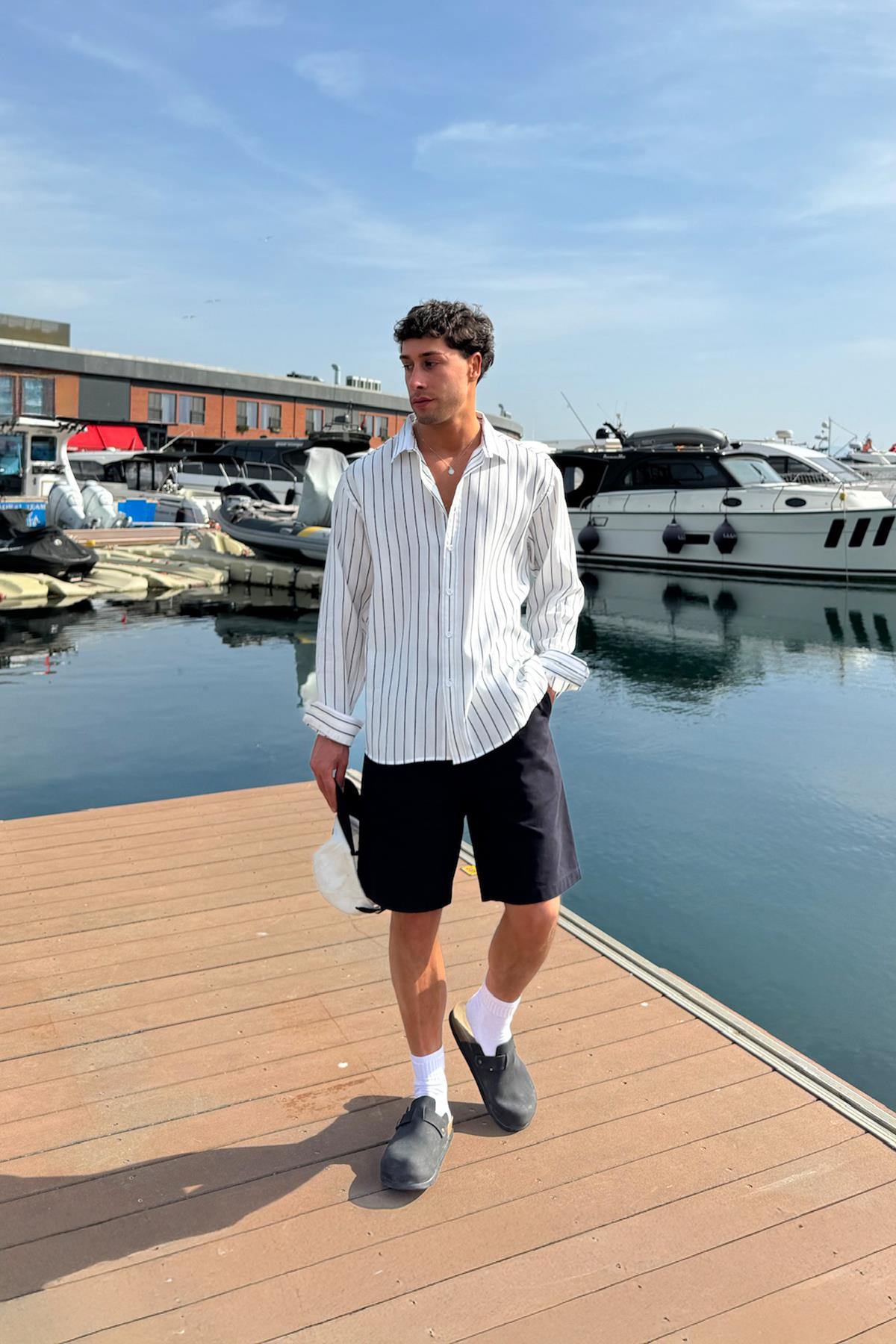 Çizgili Uzun Kol Beyaz Oversize Gömlek