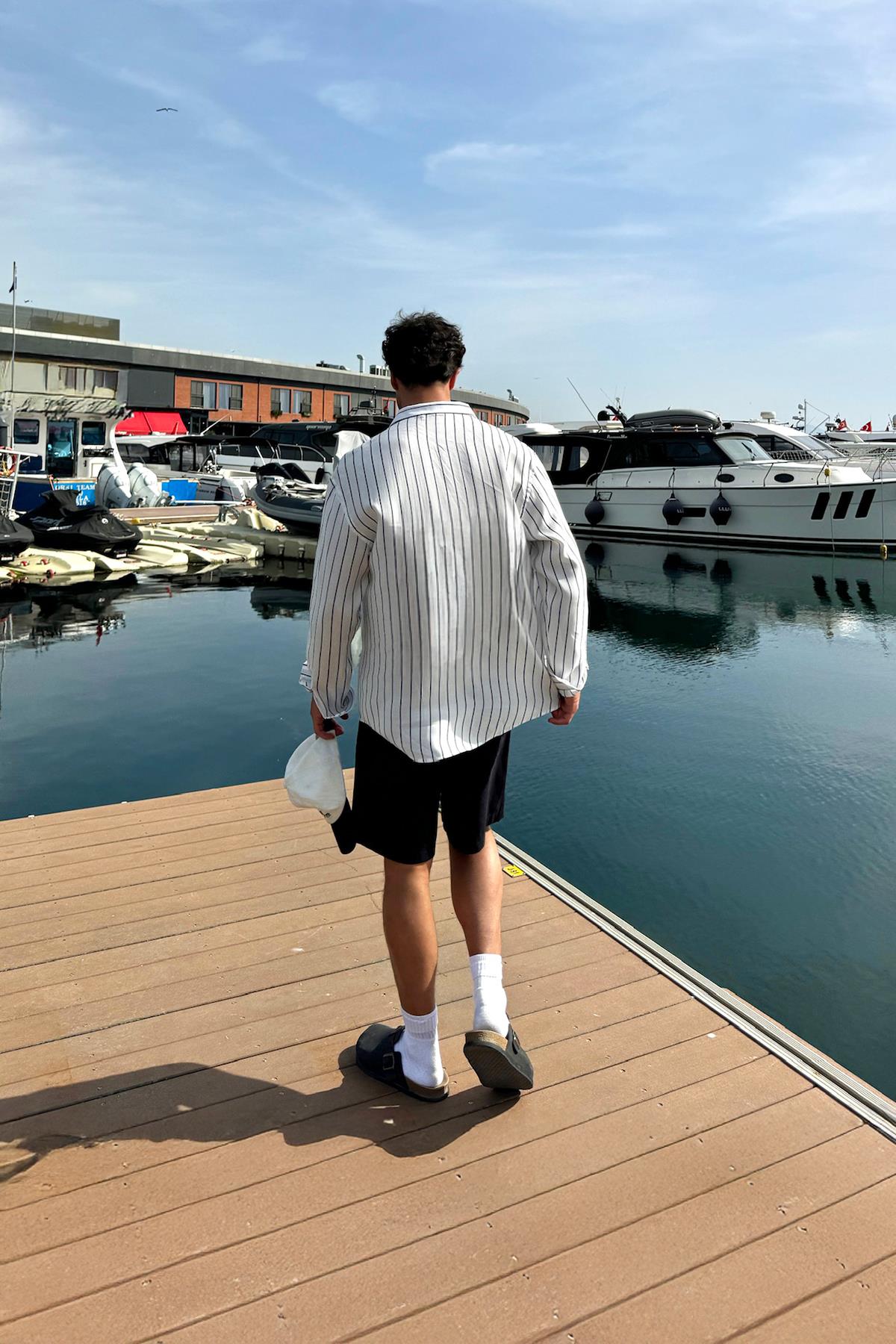 Çizgili Uzun Kol Beyaz Oversize Gömlek