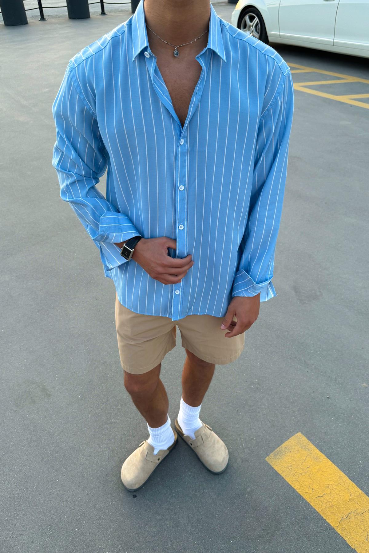 Çizgili Uzun Kol Oversize Gömlek Mavi