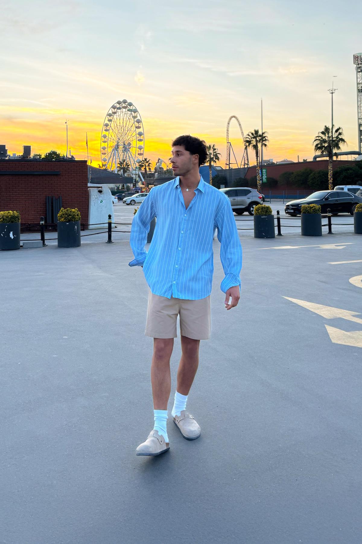 Çizgili Uzun Kol Oversize Gömlek Mavi