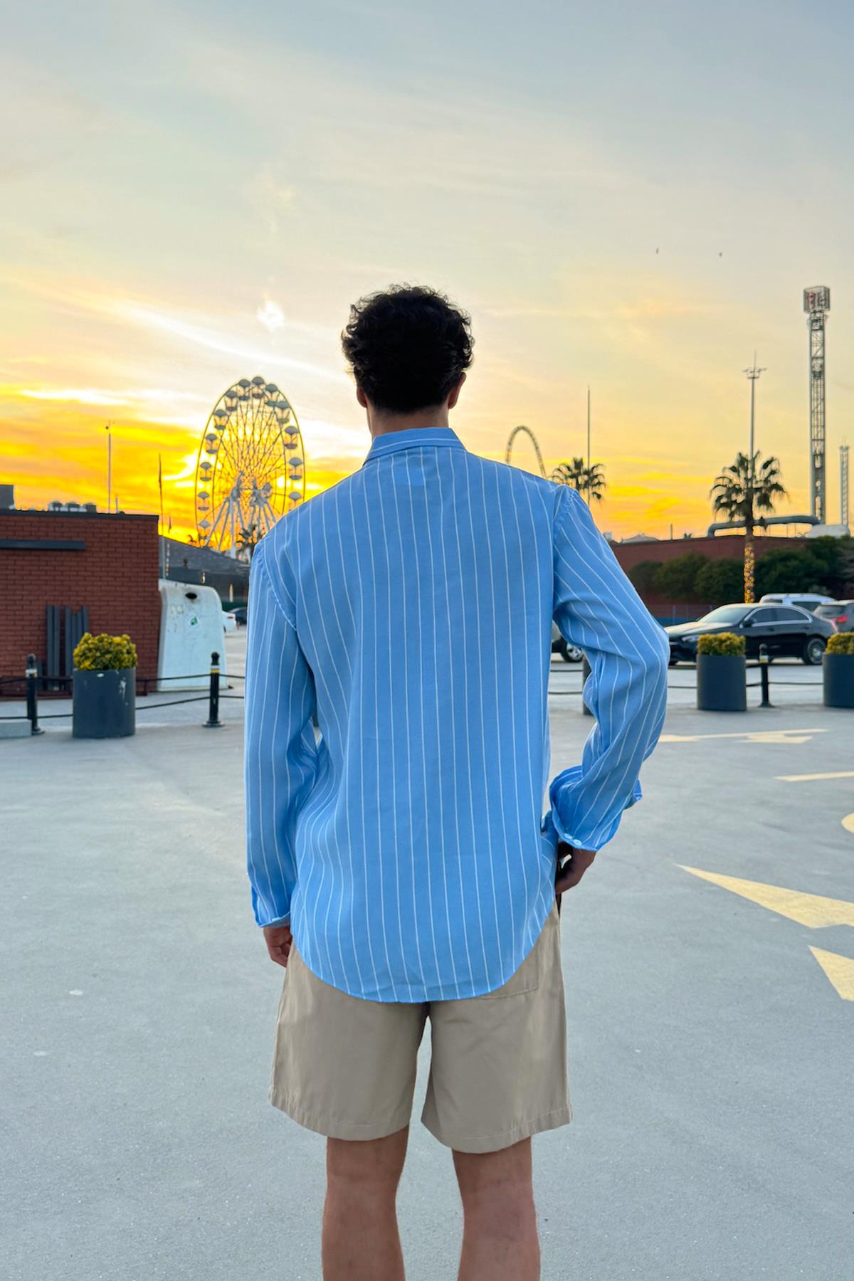 Çizgili Uzun Kol Oversize Gömlek Mavi