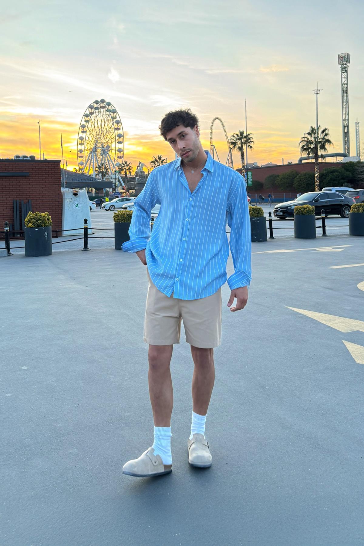 Çizgili Uzun Kol Oversize Gömlek Mavi