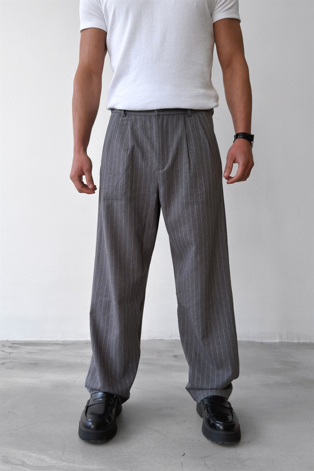 Çizgili Vintage Kumaş Pantolon Gri