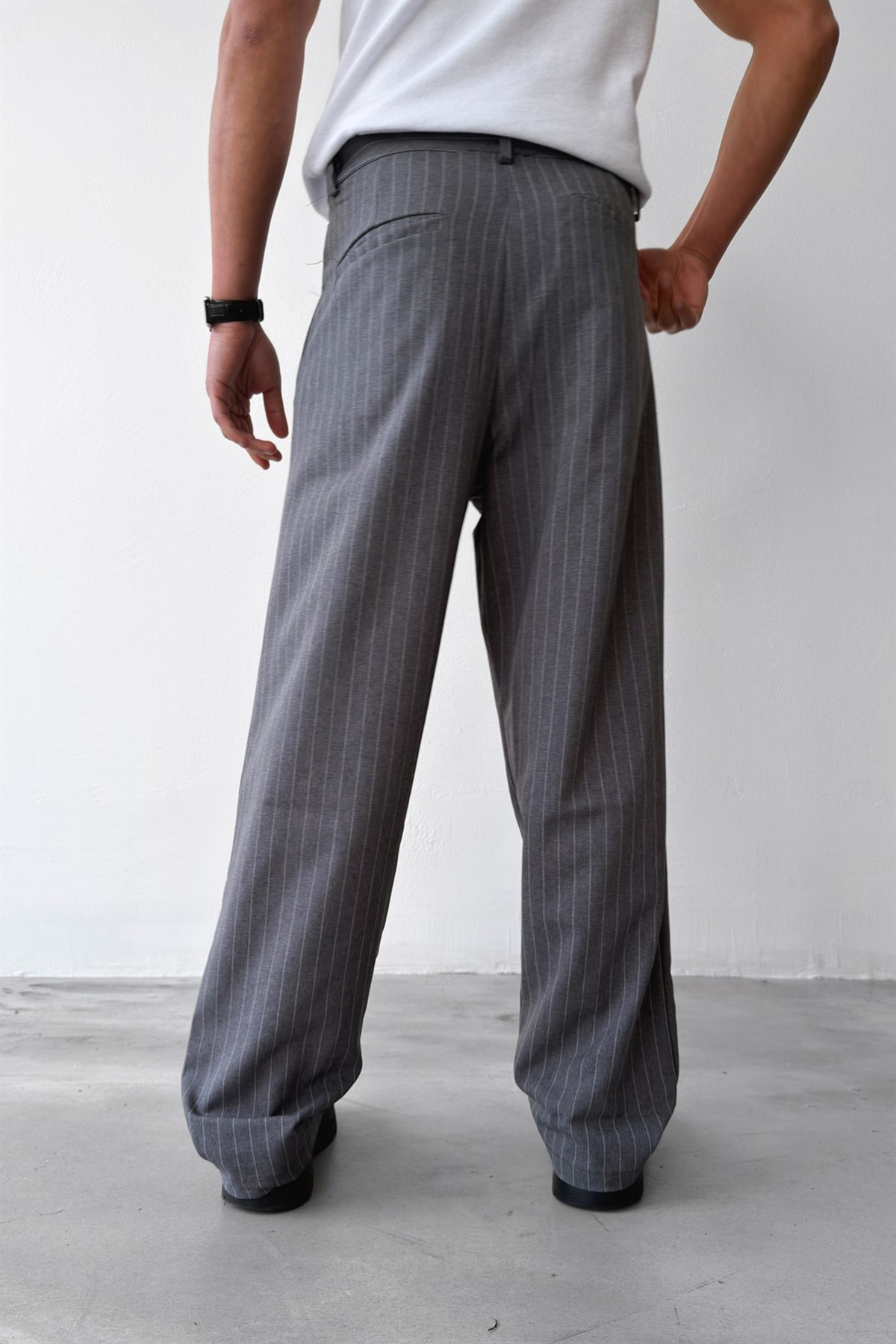 Çizgili Vintage Kumaş Pantolon Gri