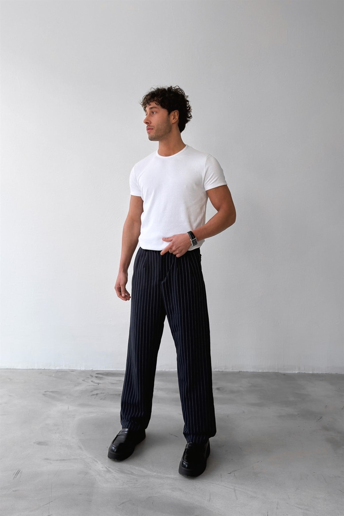 Çizgili Vintage Kumaş Pantolon Lacivert