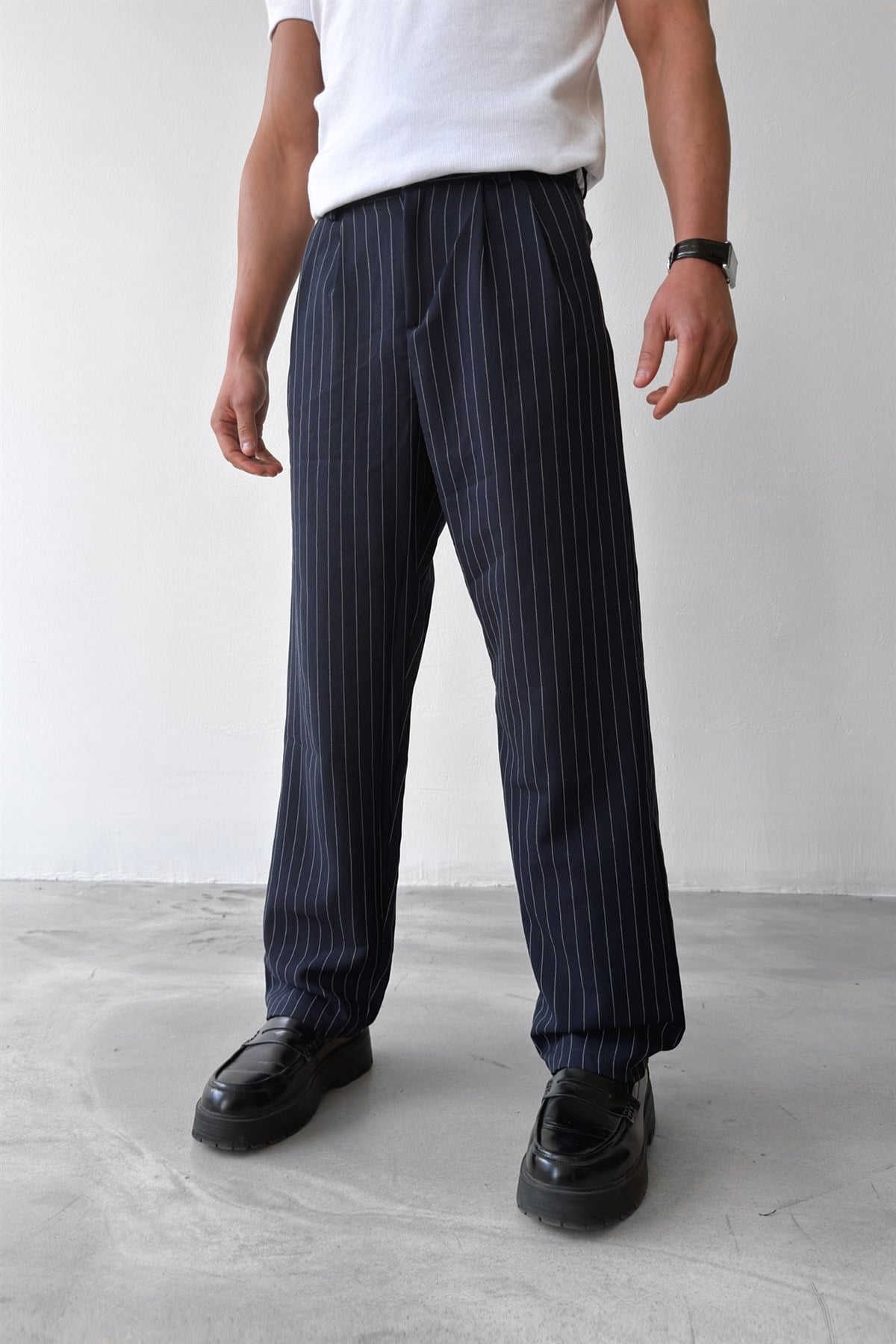 Çizgili Vintage Kumaş Pantolon Lacivert