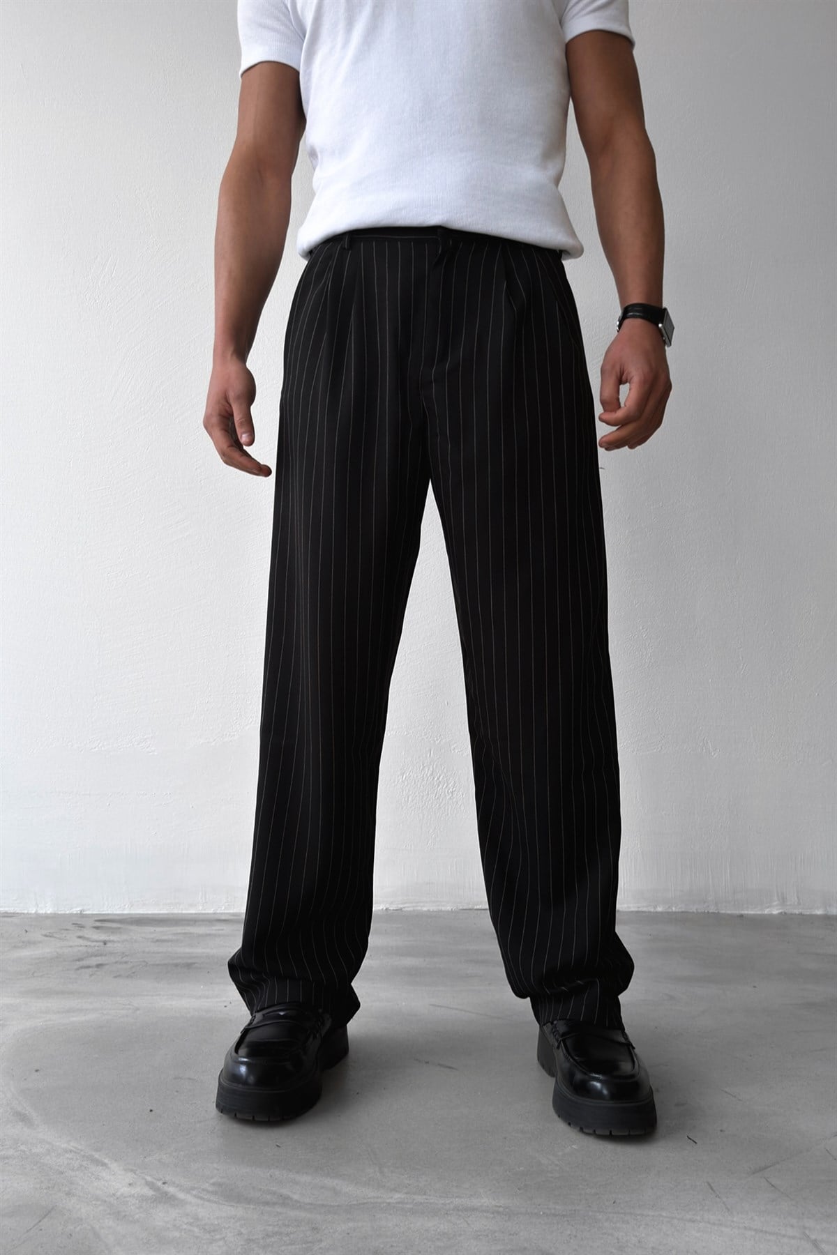 Çizgili Vintage Kumaş Pantolon Siyah
