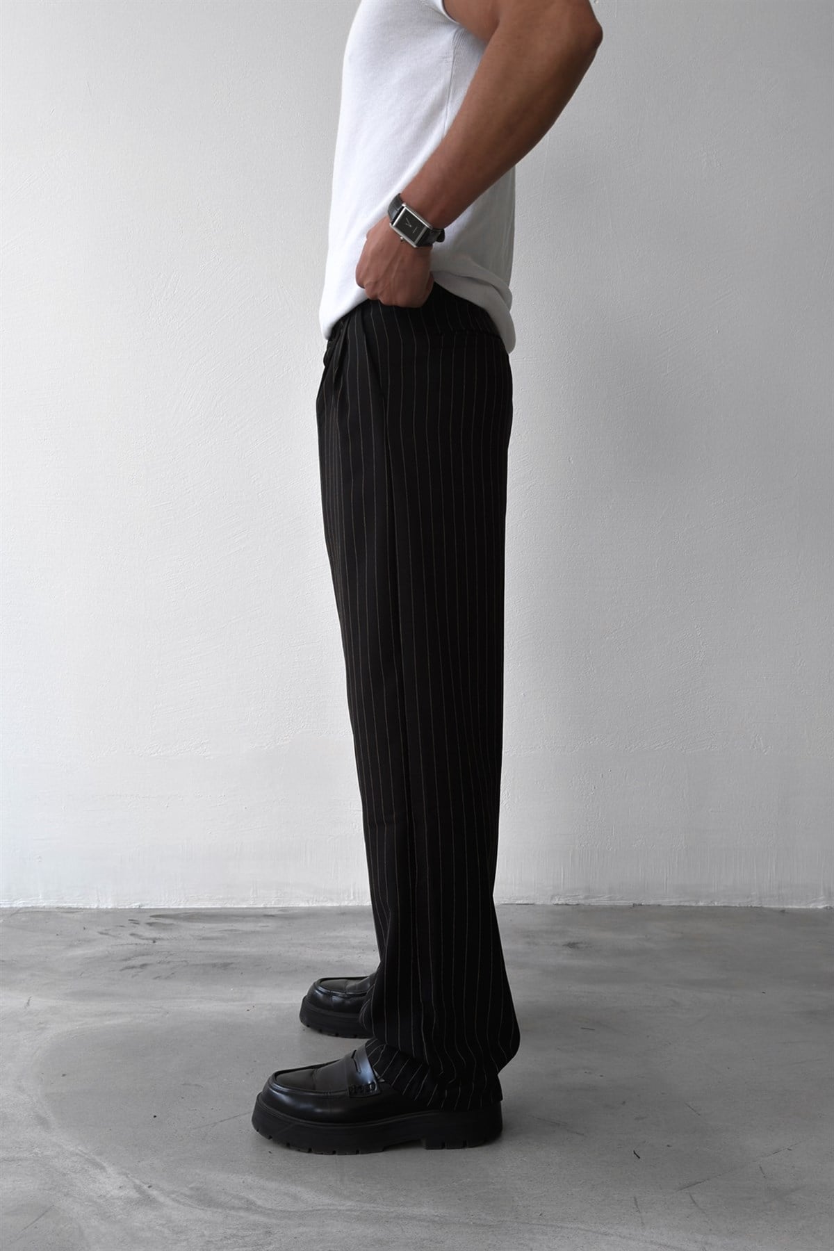Çizgili Vintage Kumaş Pantolon Siyah