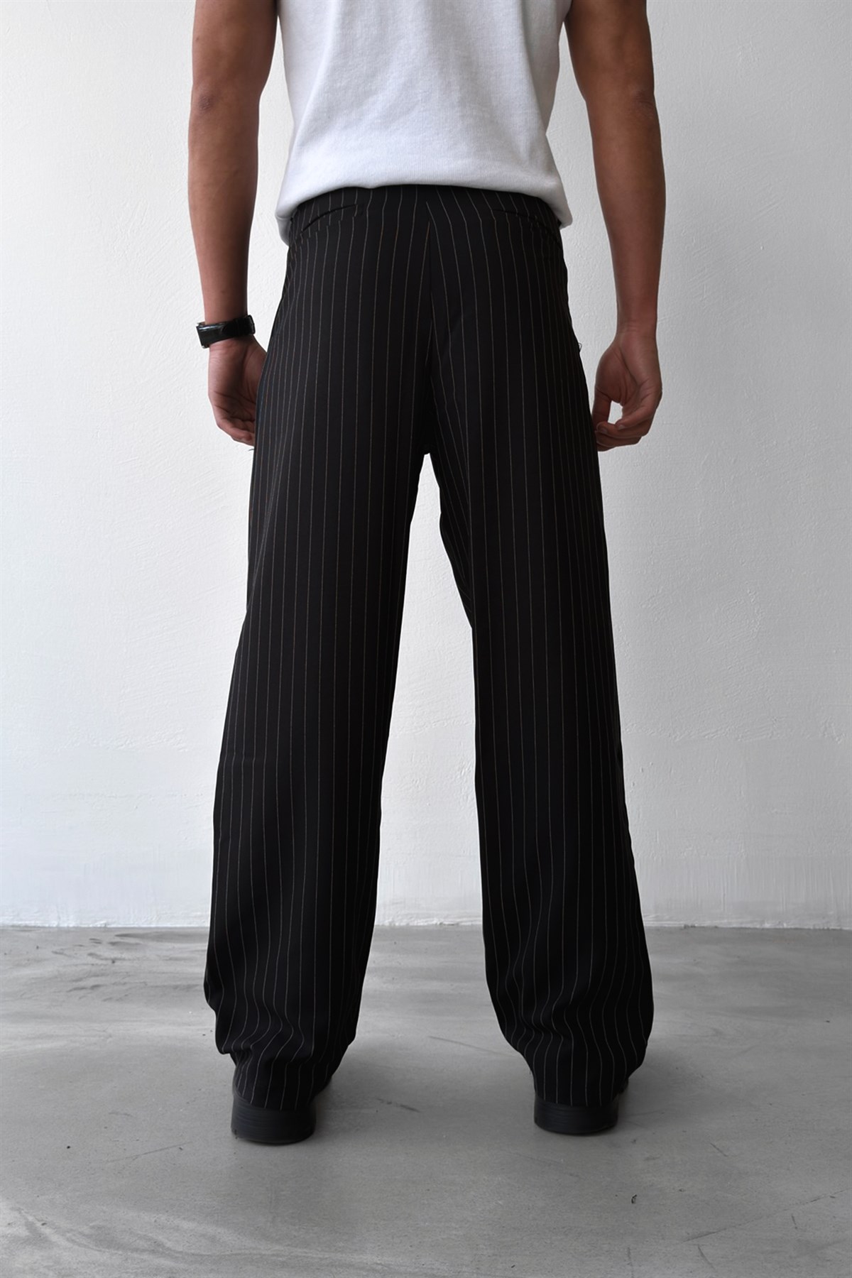 Çizgili Vintage Kumaş Pantolon Siyah
