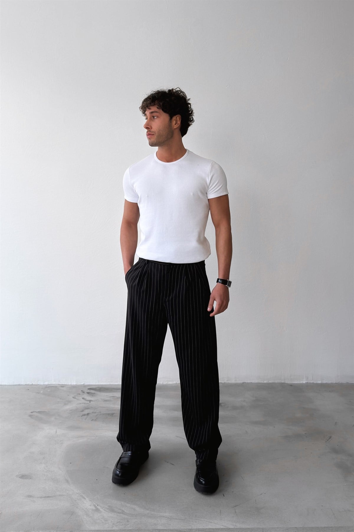 Çizgili Vintage Kumaş Pantolon Siyah