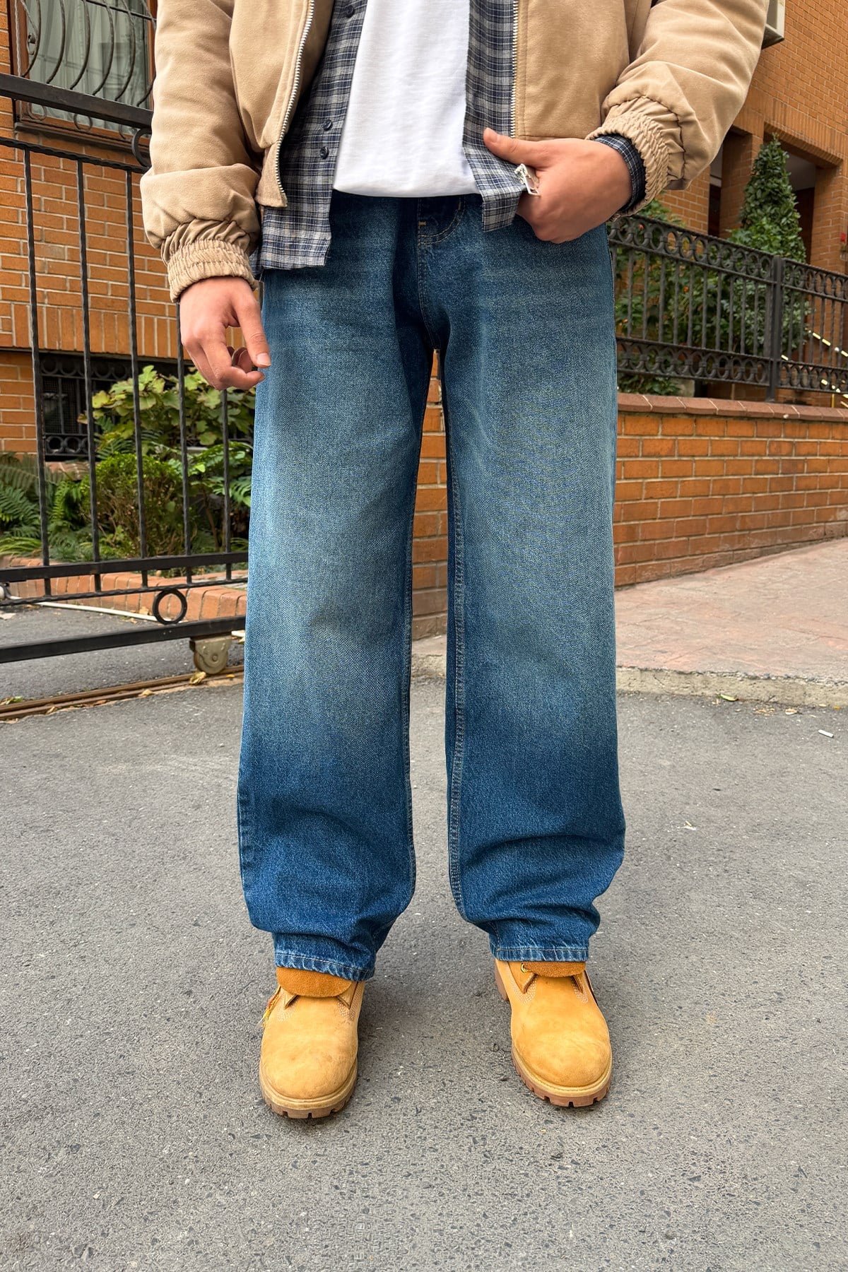 Çizgili Yıkamalı Baggy Jean