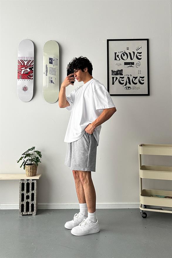 Nakışlı Gri Melanj Oversize Basic Şort 