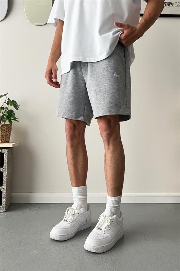 Nakışlı Gri Melanj Oversize Basic Şort 