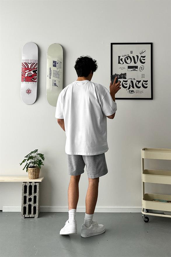 Nakışlı Gri Melanj Oversize Basic Şort 
