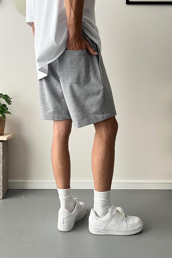 Nakışlı Gri Melanj Oversize Basic Şort 