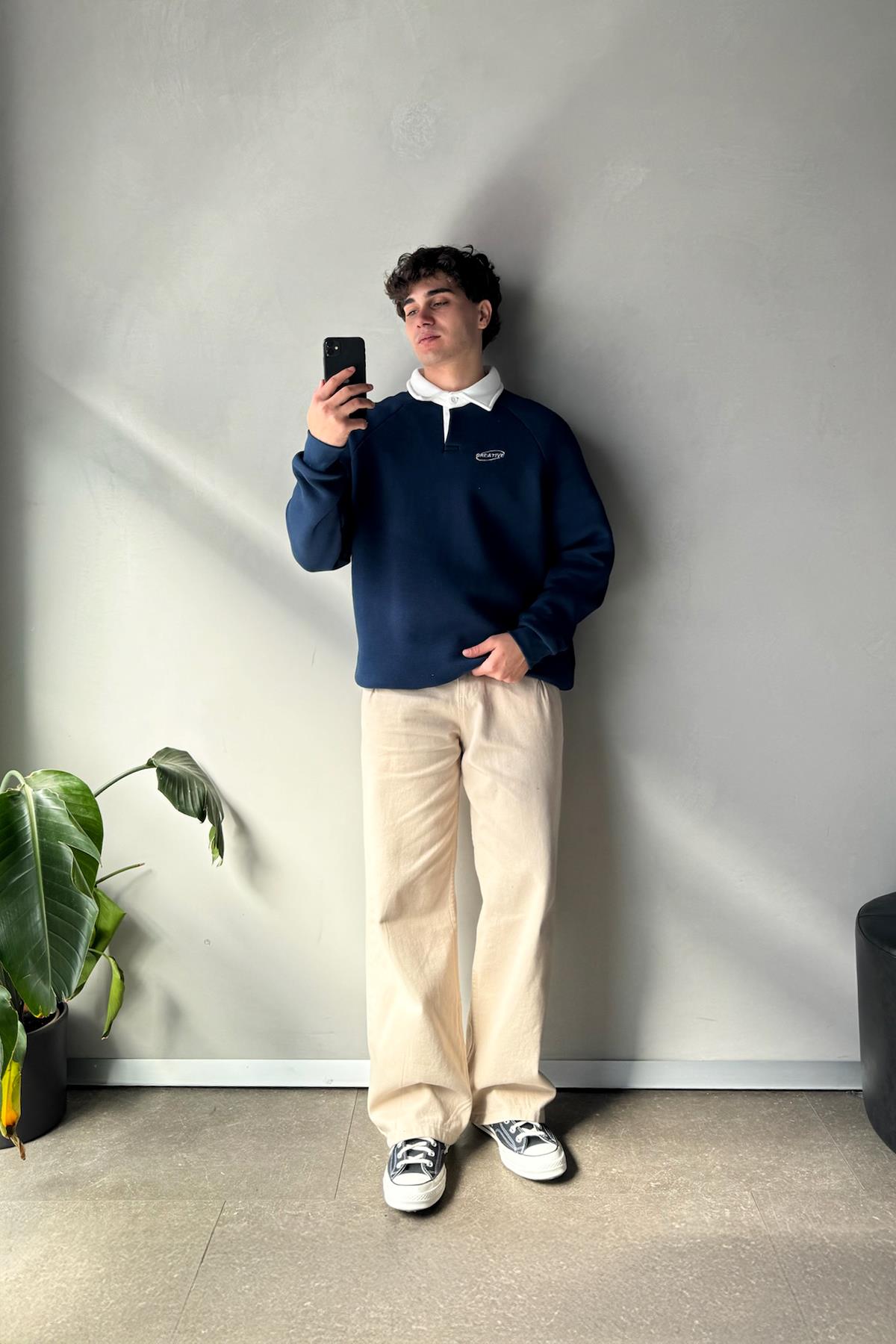 Creative Nakışlı İndigo Polo Yaka Sweatshirt