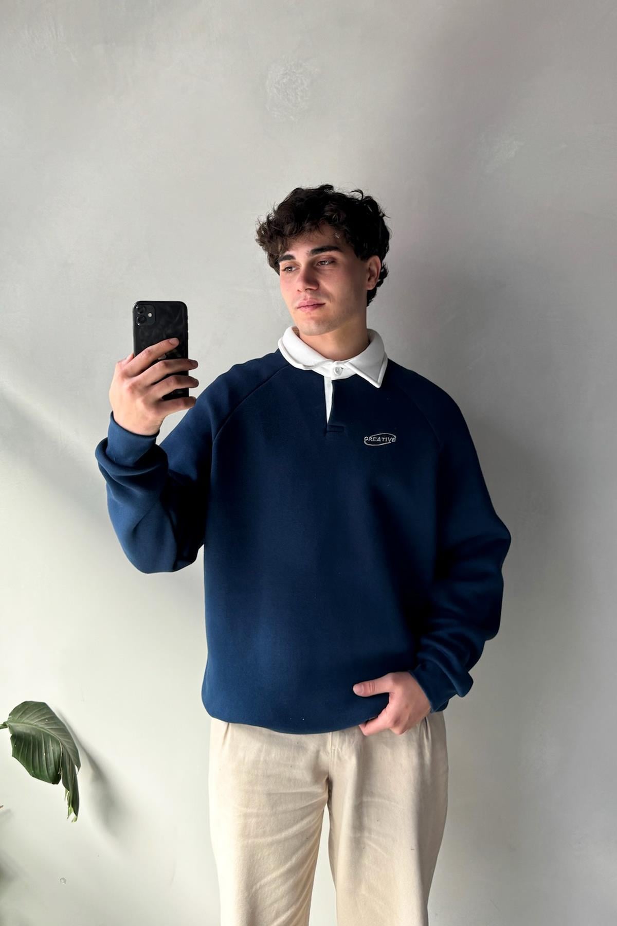 Creative Nakışlı İndigo Polo Yaka Sweatshirt