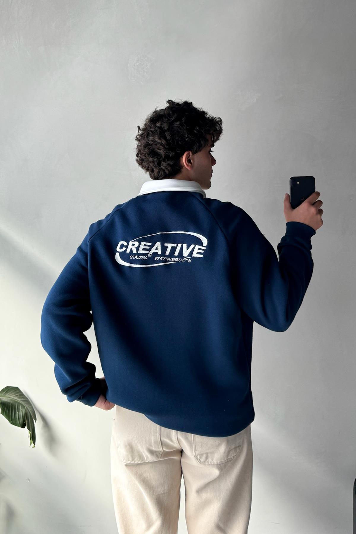 Creative Nakışlı İndigo Polo Yaka Sweatshirt