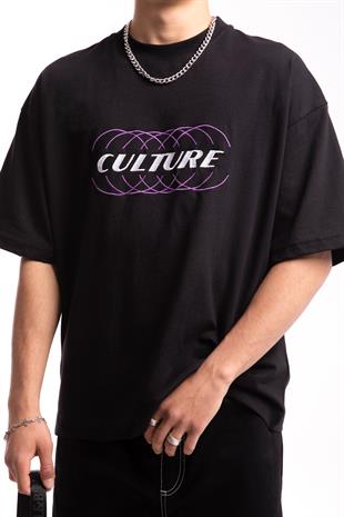 Culture Nakışlı Siyah Oversize Tshirt