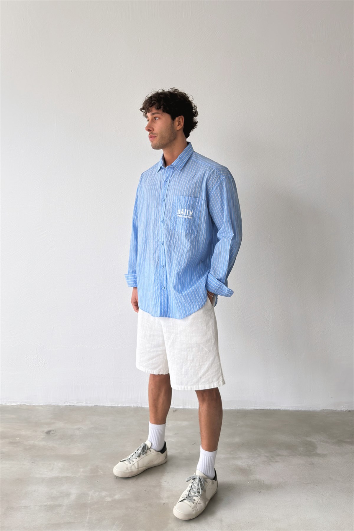 Daily Nakışlı Çizgili Mavi Poplin Oversize Gömlek
