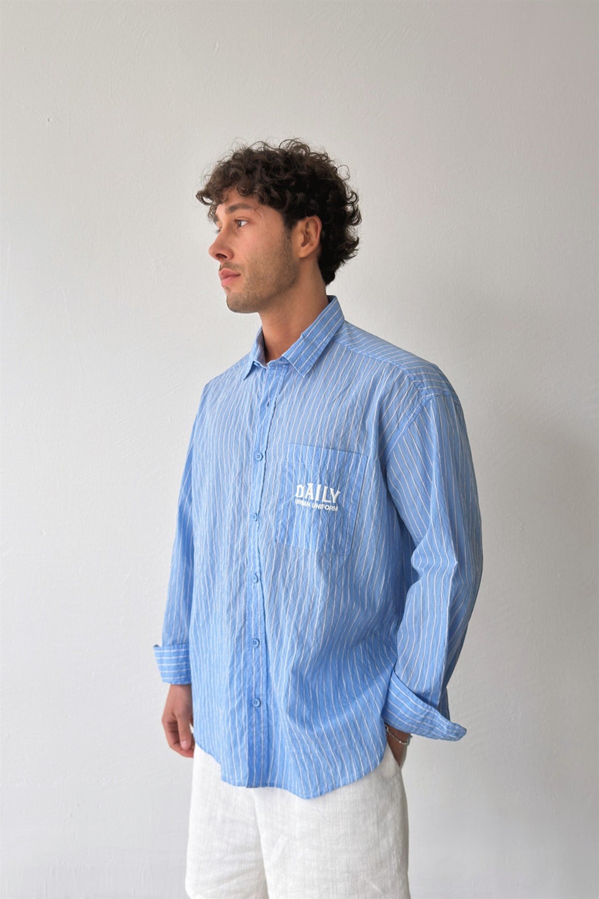 Daily Nakışlı Çizgili Mavi Poplin Oversize Gömlek