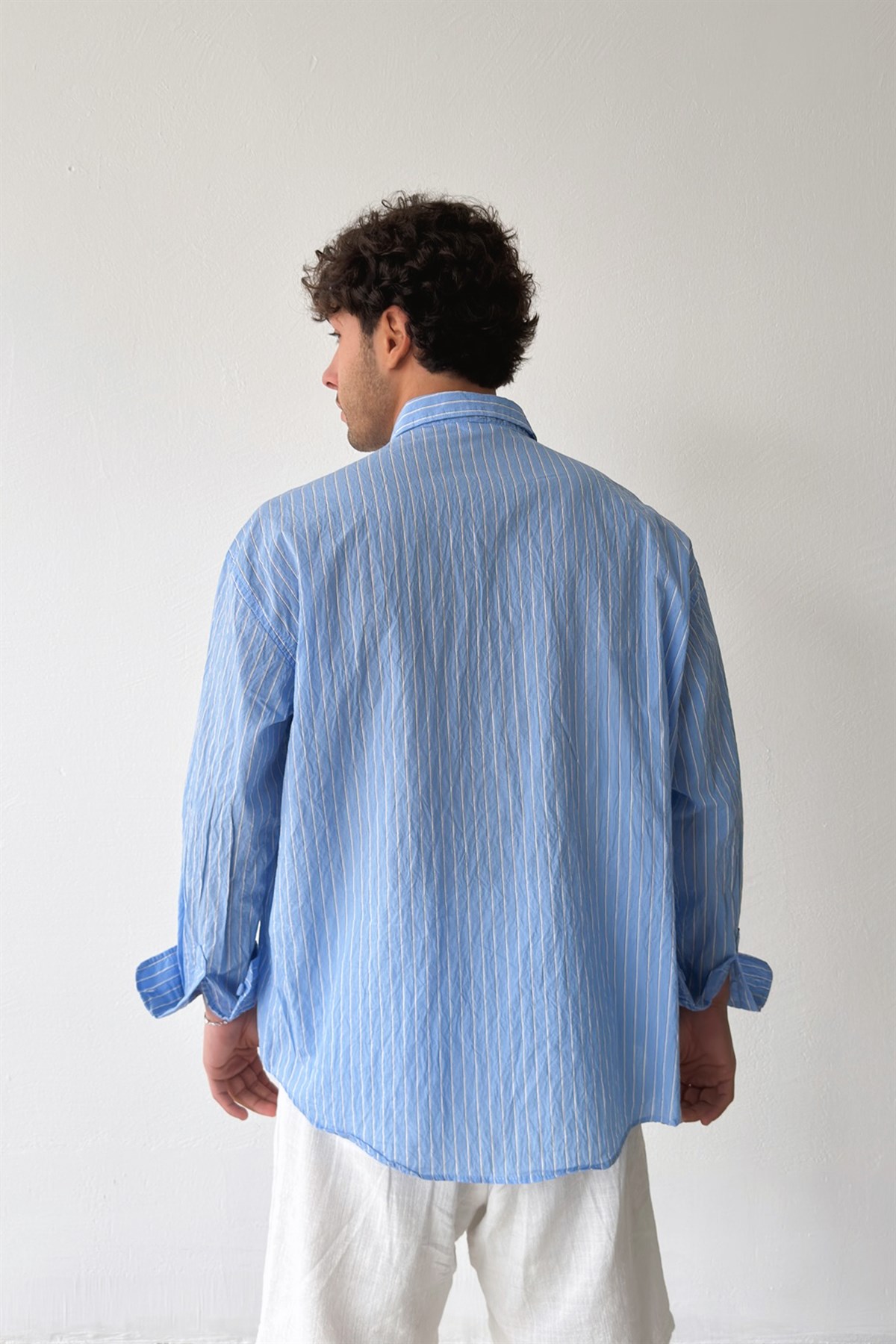 Daily Nakışlı Çizgili Mavi Poplin Oversize Gömlek