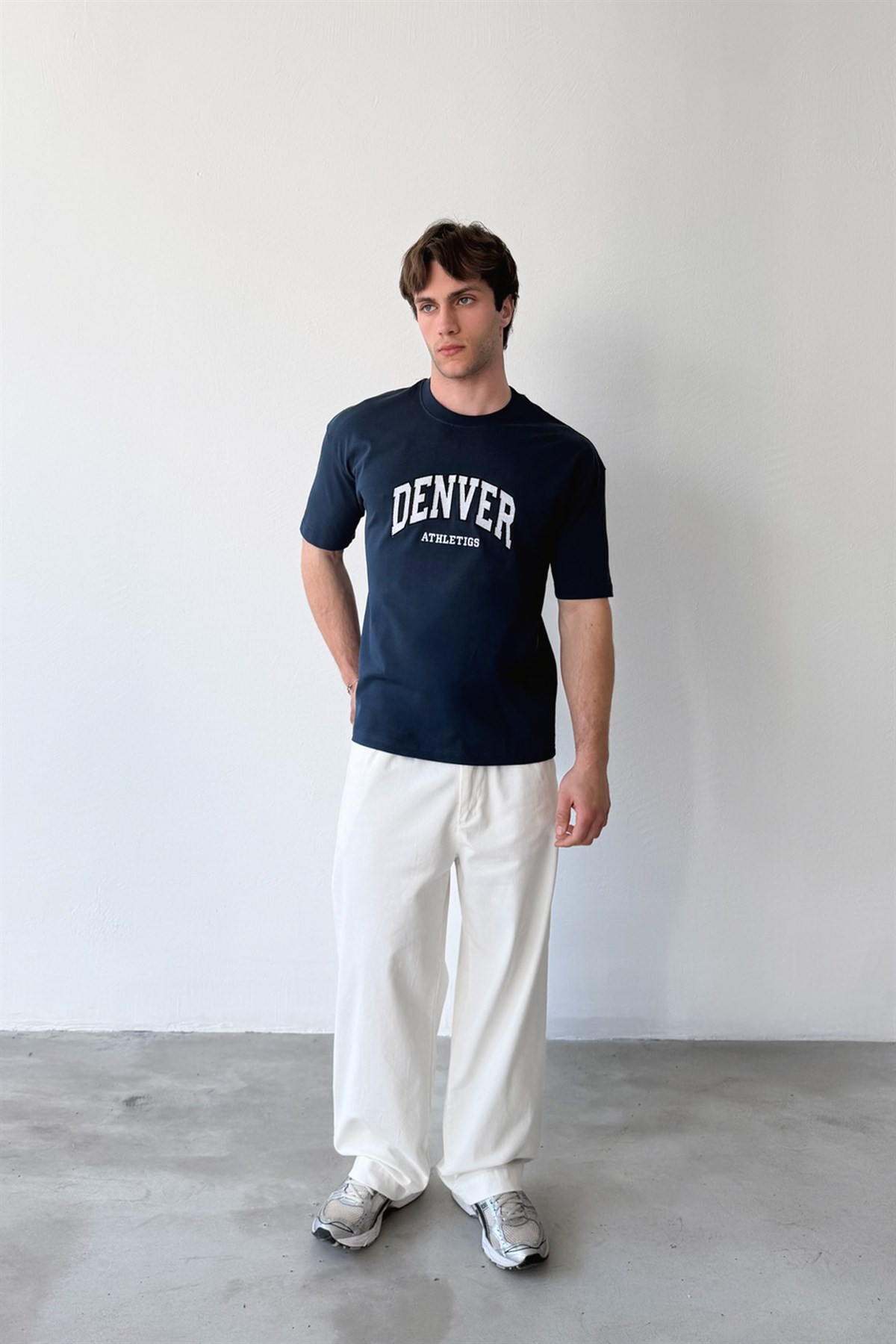 Denver Nakışlı İndigo Oversize Tişört