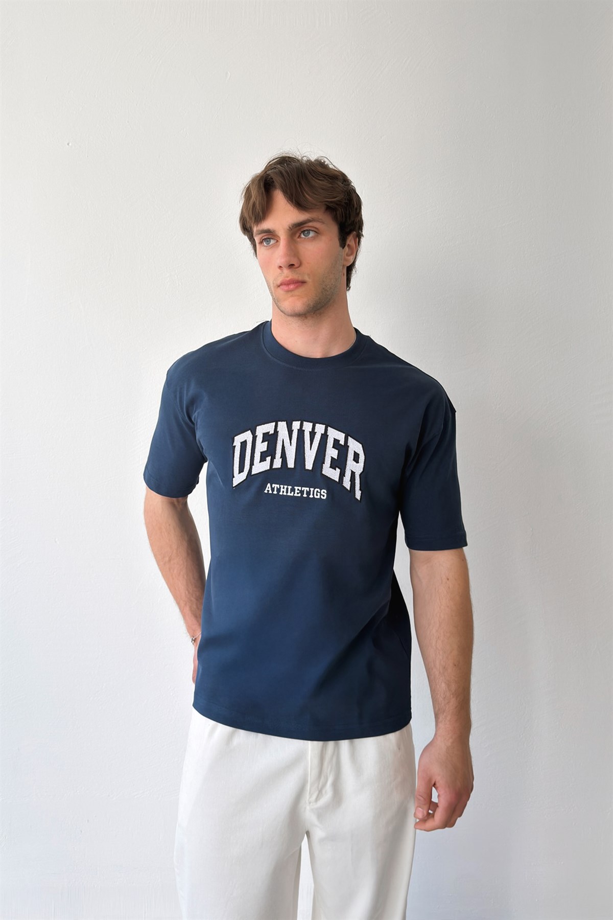 Denver Nakışlı İndigo Oversize Tişört